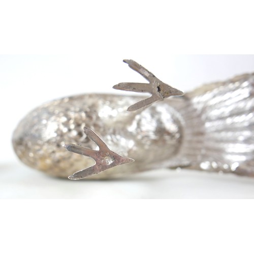 218 - A fine and large pair of Art Deco Hanau silver table models of peacocks, each in standing pose with ... 