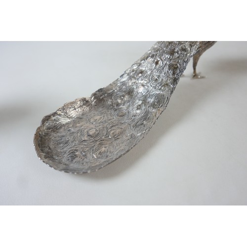 218 - A fine and large pair of Art Deco Hanau silver table models of peacocks, each in standing pose with ... 