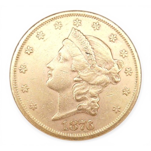 137 - An American US Mint gold $20 coin, Liberty Head Double Eagle, Twenty Dollars, 1876, 0.900 grade gold... 