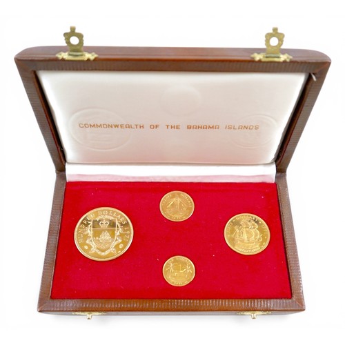 An Elizabeth II 22ct gold Commonwealth of the Bahama Islands gold proof four coin set, 1971, to include one hundred dollars, fifty dollars, twenty dollars, and ten dollars, in leather presentation case, total weight approx 72g.