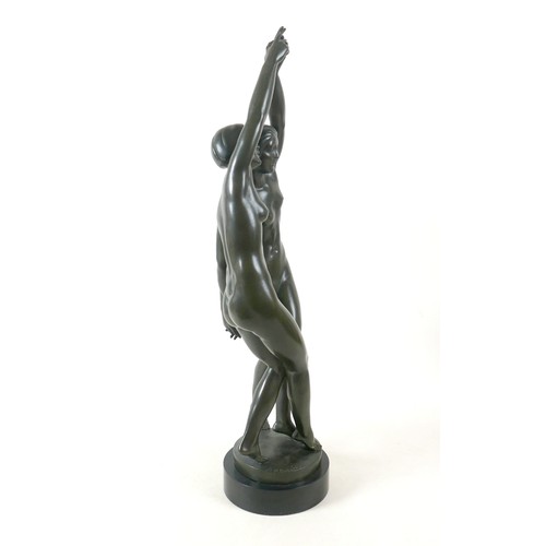 268 - A large French bronze of two nude girls dancing signed P Duberry standing on a round black marble ba... 