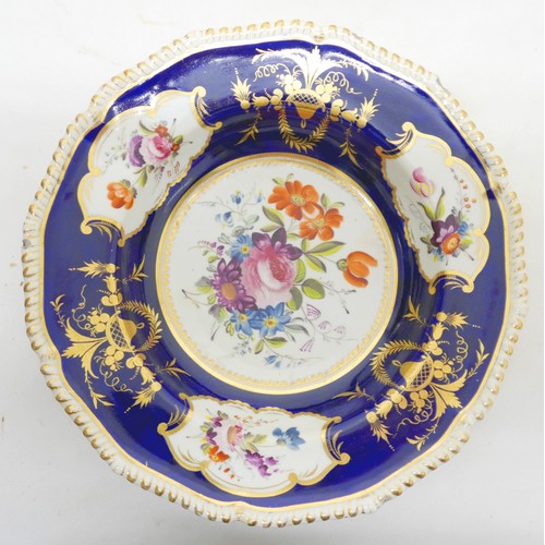 381 - An extensive early 19th century Derby dessert service painted with panels of floral sprays within gi... 