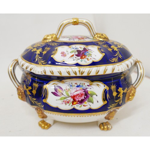 381 - An extensive early 19th century Derby dessert service painted with panels of floral sprays within gi... 