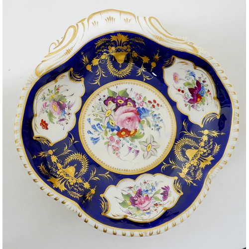 381 - An extensive early 19th century Derby dessert service painted with panels of floral sprays within gi... 