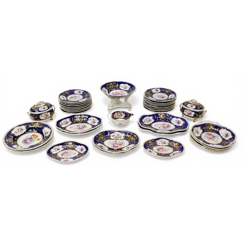 381 - An extensive early 19th century Derby dessert service painted with panels of floral sprays within gi... 