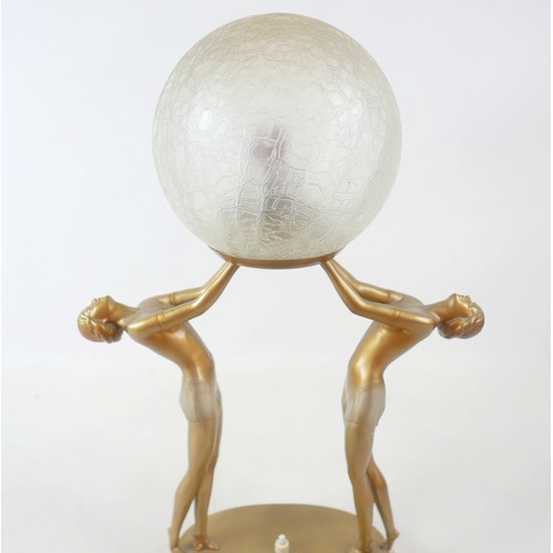 267 - An Art Deco table lamp German circa 1930 in the form of two semi naked women holding a globe aloft, ... 