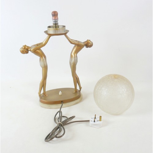 267 - An Art Deco table lamp German circa 1930 in the form of two semi naked women holding a globe aloft, ... 