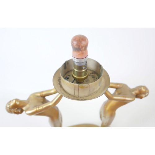 267 - An Art Deco table lamp German circa 1930 in the form of two semi naked women holding a globe aloft, ... 