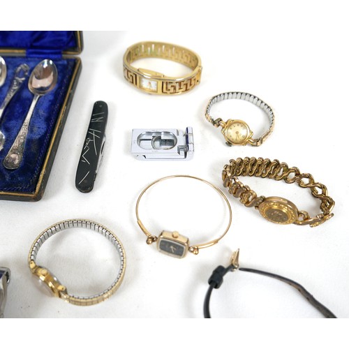 28 - A collection of costume jewellery, including thirteen wristwatches, necklaces, a folding pocket knif... 