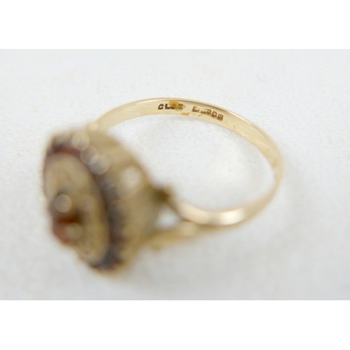 27 - A 9ct gold garnet cluster ring, size O, 2.8g.