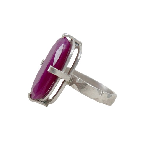 48 - A silver/white metal filled ruby single stone ring, head size 24 by 14 by 7mm, ring size Q.