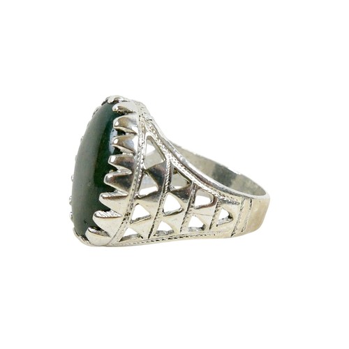 53 - A silver/white metal jade ring head size 17 by 20mm, ring size T.