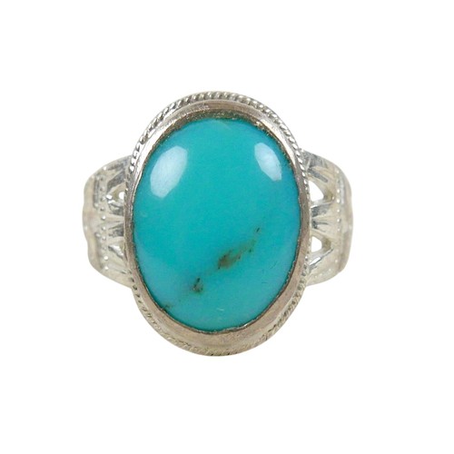 55 - A silver/white metal turquoise ring head size 18 by 13mm, ring size S.