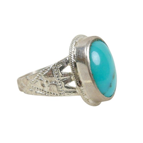 55 - A silver/white metal turquoise ring head size 18 by 13mm, ring size S.
