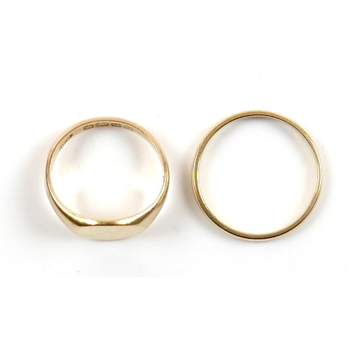 21 - Two 18ct yellow gold rings, comprising a Tiffany & Co band ring, 1.7mm band, size L, and a signet, s... 