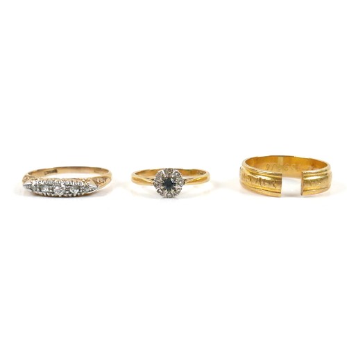 17 - Three 18ct yellow gold rings comprising a five stone diamond ring, size R, a sapphire and diamond ri... 