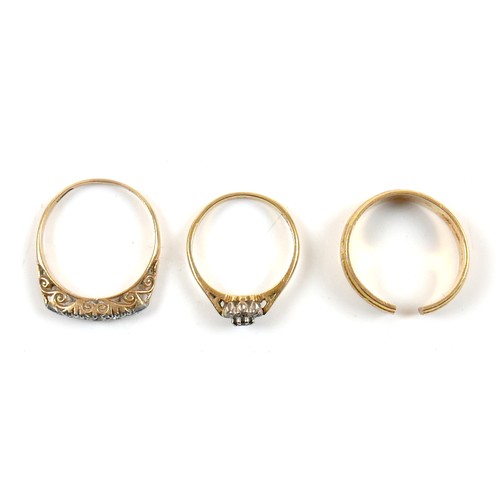 17 - Three 18ct yellow gold rings comprising a five stone diamond ring, size R, a sapphire and diamond ri... 