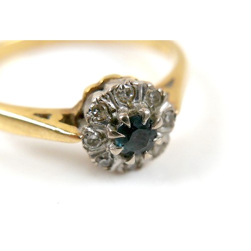 17 - Three 18ct yellow gold rings comprising a five stone diamond ring, size R, a sapphire and diamond ri... 
