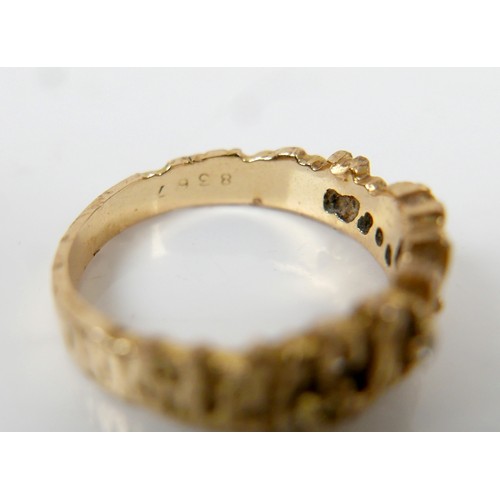 13 - An 18ct yellow gold and diamond ring, with bark texture design, maker RG Ltd, a/f lacking three smal... 
