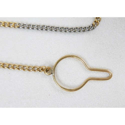 4 - An 18ct bi-colour gold fob chain, with nine alternating colour sections of kerb links, 3.2mm wide, s... 