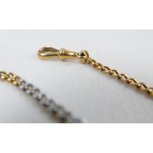 4 - An 18ct bi-colour gold fob chain, with nine alternating colour sections of kerb links, 3.2mm wide, s... 