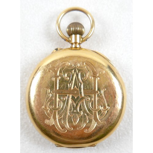 97 - A Continental 18ct gold fob watch, with Arabic dial with subsidiary dial, dial 32mm, case 35mm, 36.8... 