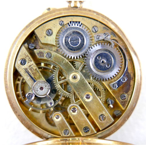 97 - A Continental 18ct gold fob watch, with Arabic dial with subsidiary dial, dial 32mm, case 35mm, 36.8... 