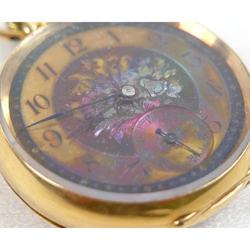 97 - A Continental 18ct gold fob watch, with Arabic dial with subsidiary dial, dial 32mm, case 35mm, 36.8... 