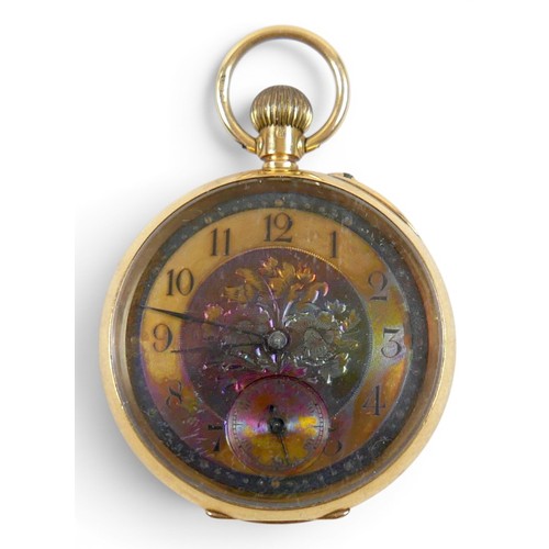 97 - A Continental 18ct gold fob watch, with Arabic dial with subsidiary dial, dial 32mm, case 35mm, 36.8... 