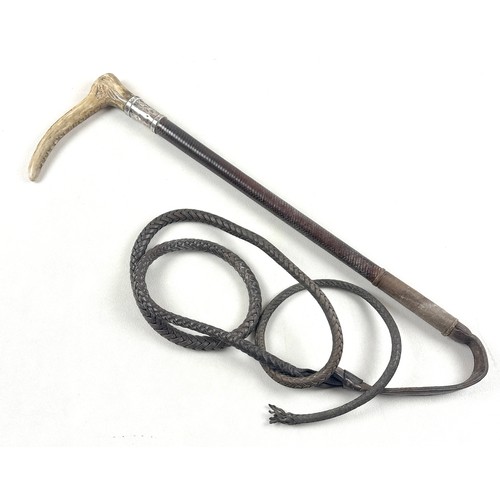 221 - A leather riding crop, with antler handle and silver collar, together with a silver plated Corinthia... 