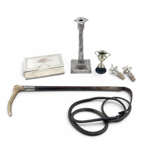 221 - A leather riding crop, with antler handle and silver collar, together with a silver plated Corinthia... 