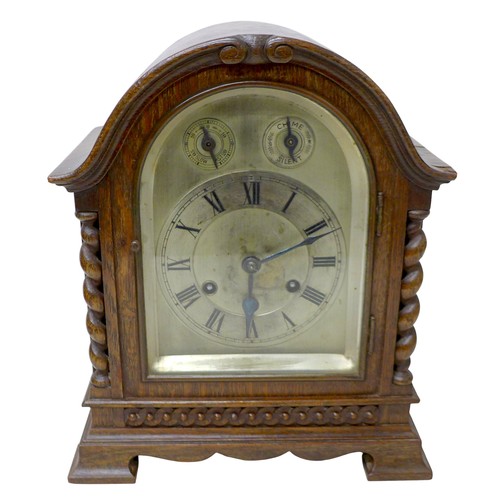 272 - An oak chiming mantle clock with Gustav Becker movement chiming on six rods, 26 by 17 by 32cm high.