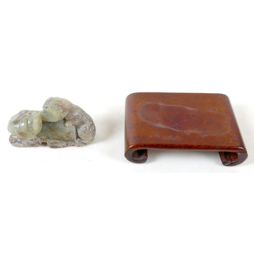 297 - A Chinese soapstone group on stand, a miniature Imari pattern ginger jar, a/f cover damaged, and a y... 