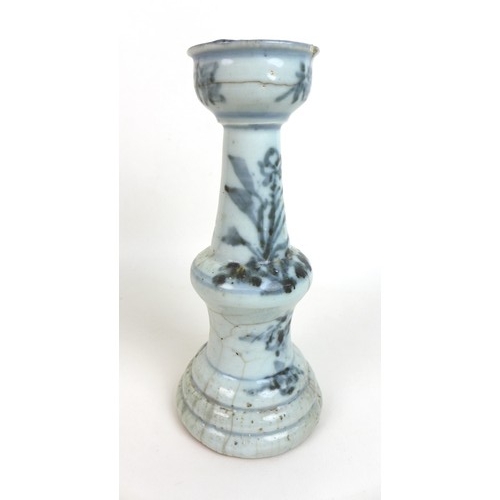 302 - A pair of Chinese Ming style candlesticks, with stepped bases and two tiered columns, each decorated... 
