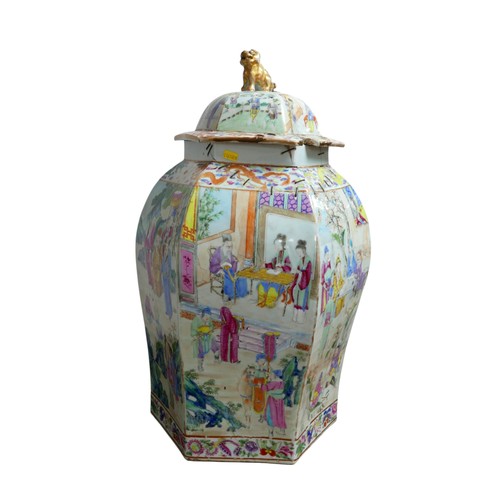 303 - A large 18th century Chinese porcelain vase, of baluster form with hexagonal section, the cover with... 