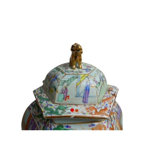 303 - A large 18th century Chinese porcelain vase, of baluster form with hexagonal section, the cover with... 