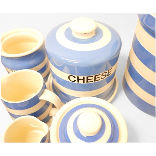 358 - A collection of modern T.G. Green Cloverleaf blue banded Cornish kitchen ware including A wall clock... 