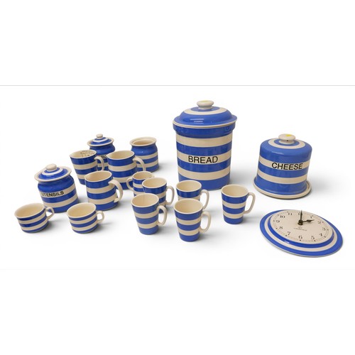 358 - A collection of modern T.G. Green Cloverleaf blue banded Cornish kitchen ware including A wall clock... 