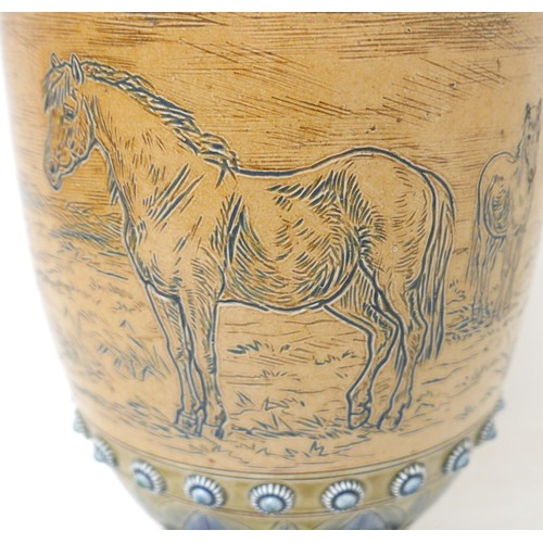 359 - A Doulton Lambeth vase decorated by Hannah Barlow, of baluster form, with blue green foliate rim, th... 