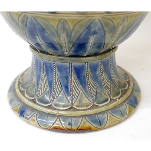359 - A Doulton Lambeth vase decorated by Hannah Barlow, of baluster form, with blue green foliate rim, th... 