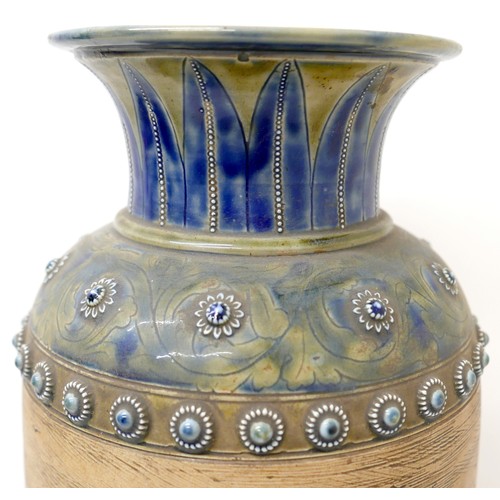 359 - A Doulton Lambeth vase decorated by Hannah Barlow, of baluster form, with blue green foliate rim, th... 