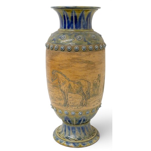 359 - A Doulton Lambeth vase decorated by Hannah Barlow, of baluster form, with blue green foliate rim, th... 