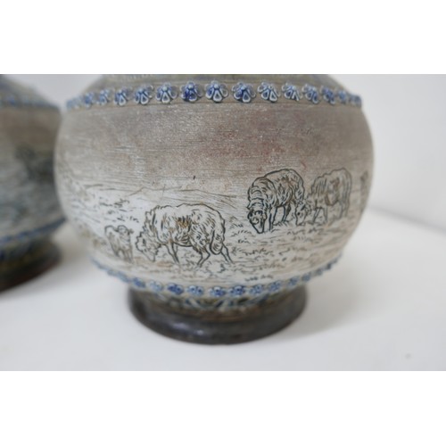 360 - A pair of Doulton Lambeth baluster stoneware vases by Hannah Barlow and Florence Barlow, with blue g... 