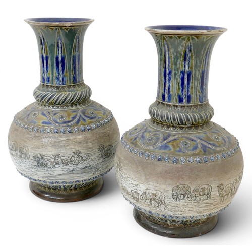 360 - A pair of Doulton Lambeth baluster stoneware vases by Hannah Barlow and Florence Barlow, with blue g... 