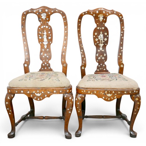 467 - A pair of early 18th century Italian walnut side chairs, with decorative ivory and pewter inlay to t... 