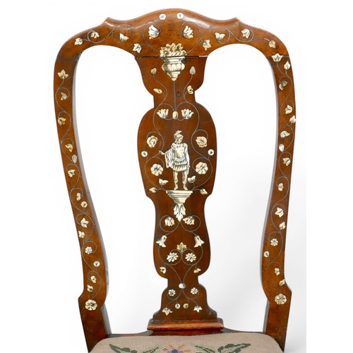 467 - A pair of early 18th century Italian walnut side chairs, with decorative ivory and pewter inlay to t... 