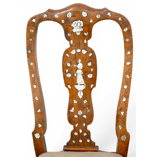 467 - A pair of early 18th century Italian walnut side chairs, with decorative ivory and pewter inlay to t... 