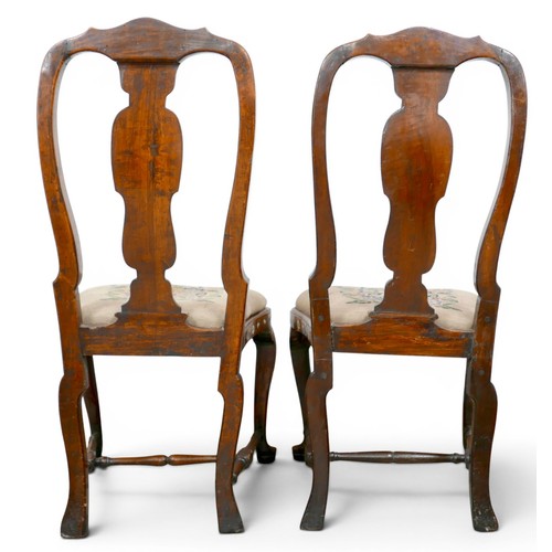 467 - A pair of early 18th century Italian walnut side chairs, with decorative ivory and pewter inlay to t... 