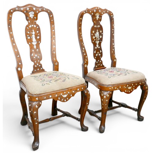 467 - A pair of early 18th century Italian walnut side chairs, with decorative ivory and pewter inlay to t... 