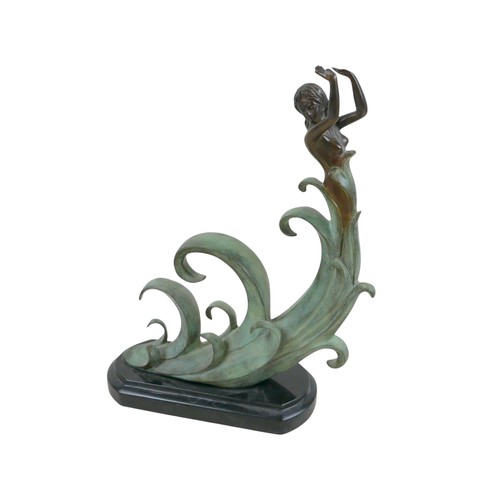 283 - An unsigned 20th century bronze sculpture of a female emerging from curling waves, the waves with gr... 